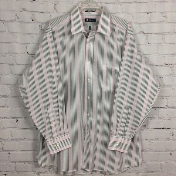 Chaps Men’s Size L Shirt Long Sleeve Wrinkle Free Button Up Pink & Gray Striped - Picture 1 of 9
